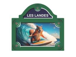 Magnet plaque de rue souvenir Landes avec &eacute;cureuil sur une planche de surf