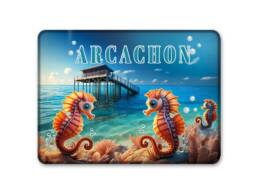 Magnet rectangle souvenir Arcachon avec hippocampes et cabane tchanqu&eacute;e