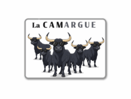 Magnet rectangle souvenir Camargue repr&eacute;sentant plusieurs taureaux portant des lunettes de soleil