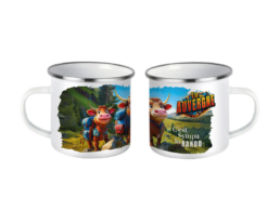 Mug en fer &eacute;maill&eacute; souvenir Auvergne illustr&eacute; de vaches en randonn&eacute;e