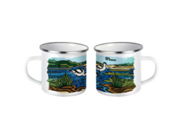 Mug fer &eacute;maill&eacute; souvenir Baie de Somme avec illustration d'avocette
