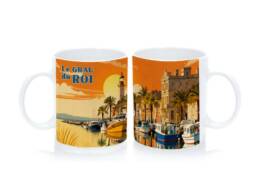 Mug standard souvenir Le Grau-du-Roi repr&eacute;sentant le port, les bateaux et le phare