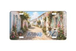 Plaque décorative immatriculation souvenir Île de Ré avec ruelle fleurie et vélo