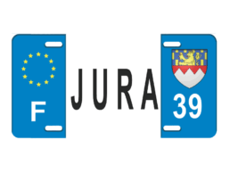 Plaque d'immatriculation m&eacute;tal souvenir Jura avec num&eacute;ro 39 et blason