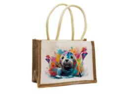Sac en jute souvenir Nord avec illustration color&eacute;e d'un phoque
