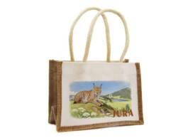 Sac en jute souvenir Jura avec illustration d'un lynx dans les montagnes