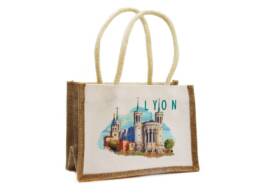 Sac en jute souvenir Lyon illustr&eacute; de la basilique Notre-Dame de Fourvi&egrave;re