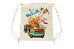 Sac pochon souvenir Berck avec illustration de friterie et cerfs-volants