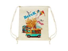 Sac pochon souvenir Berck avec illustration de friterie et cerfs-volants