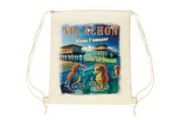 Sac pochon souvenir Arcachon avec hippocampes et cabane tchanquée