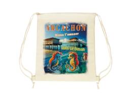 Sac pochon souvenir Arcachon avec hippocampes et cabane tchanqu&eacute;e
