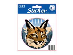 Sticker souvenir Jura repr&eacute;sentant un lynx devant les montagnes