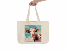 Tote bag souvenir Jura avec illustration artistique d'une vache