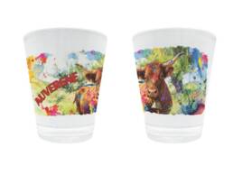 Verre &agrave; liqueur souvenir Auvergne illustr&eacute; d'une vache Salers color&eacute;e