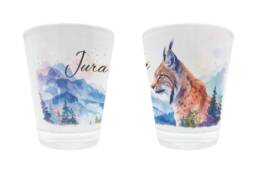 Verre à liqueur souvenir Jura illustré d'un lynx et de montagnes