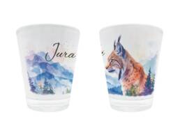 Verre &agrave; liqueur souvenir Jura illustr&eacute; d'un lynx et de montagnes