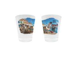 Verre &agrave; liqueur souvenir Ol&eacute;ron avec mouette, hu&icirc;tres et port de p&ecirc;che