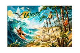 Carte puzzle souvenir surf Landes avec surfeur, vague, plage, pins et personnages illustrés