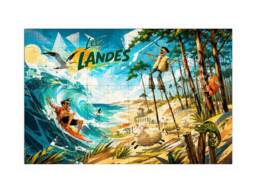 Carte puzzle souvenir surf Landes avec surfeur, vague, plage, pins et personnages illustr&eacute;s