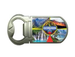 Magnet ouvre-bouteille souvenir &Icirc;le de La R&eacute;union avec volcan, cascades et lagon