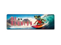 Magnet panorama souvenir Île de La Réunion avec margouillat faisant du surf