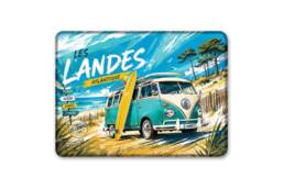 Magnet rectangle souvenir Landes avec combi rétro, planche de surf, plage, dunes et pins
