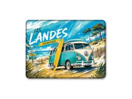 Magnet rectangle souvenir Landes avec combi r&eacute;tro, planche de surf, plage, dunes et pins