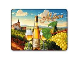 Magnet rectangle souvenir Alsace avec vignobles, bouteille de vin et verres