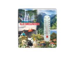 Magnet thermom&egrave;tre souvenir &Icirc;le de La R&eacute;union avec cascades, volcan, montagnes et cases cr&eacute;oles