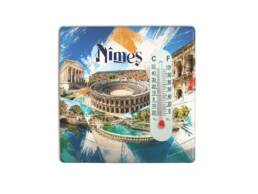Magnet thermom&egrave;tre souvenir N&icirc;mes illustr&eacute; des Ar&egrave;nes et des monuments embl&eacute;matiques de la ville