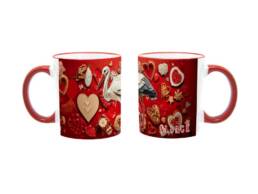 Mug anse rouge souvenir Alsace avec cigogne et c&oelig;urs alsaciens