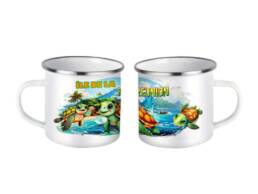Mug fer &eacute;maill&eacute; souvenir &Icirc;le de La R&eacute;union avec tortues marines et lagon tropical
