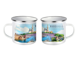 Mug fer &eacute;maill&eacute; souvenir Marseille illustr&eacute; du Vieux-Port et de Notre-Dame de la Garde