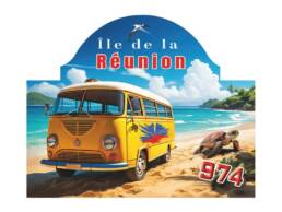Plaque de rue m&eacute;tal souvenir &Icirc;le de La R&eacute;union avec combi vintage jaune sur une plage