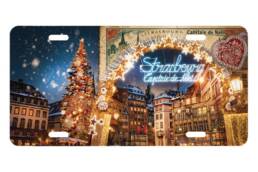 Plaque immatriculation souvenir Strasbourg avec illuminations de Noël et centre historique