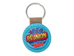 Porte-cl&eacute;s rond simili cuir souvenir &Icirc;le de La R&eacute;union avec logo 974