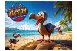 Puzzle 100 pièces souvenir Île de La Réunion avec dodo humoristique sur une plage