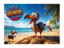 Puzzle 100 pi&egrave;ces souvenir &Icirc;le de La R&eacute;union avec dodo humoristique sur une plage