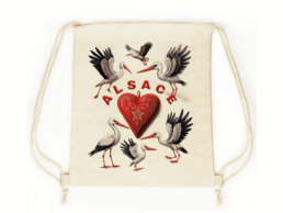 Sac pochon souvenir Alsace avec cigognes et c&oelig;ur alsacien