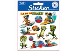 Planche de stickers souvenir Île de La Réunion avec margouillats et illustrations humoristiques